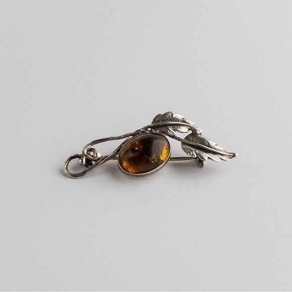 Sterling Silver Modernist Brooch Pin Baltic Amber Stone Hallmark Gdansk Poland - Picture 1 of 11